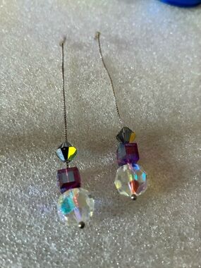 Silver Drop Crystal Threader Earrings with Purple and Iridescent Beads